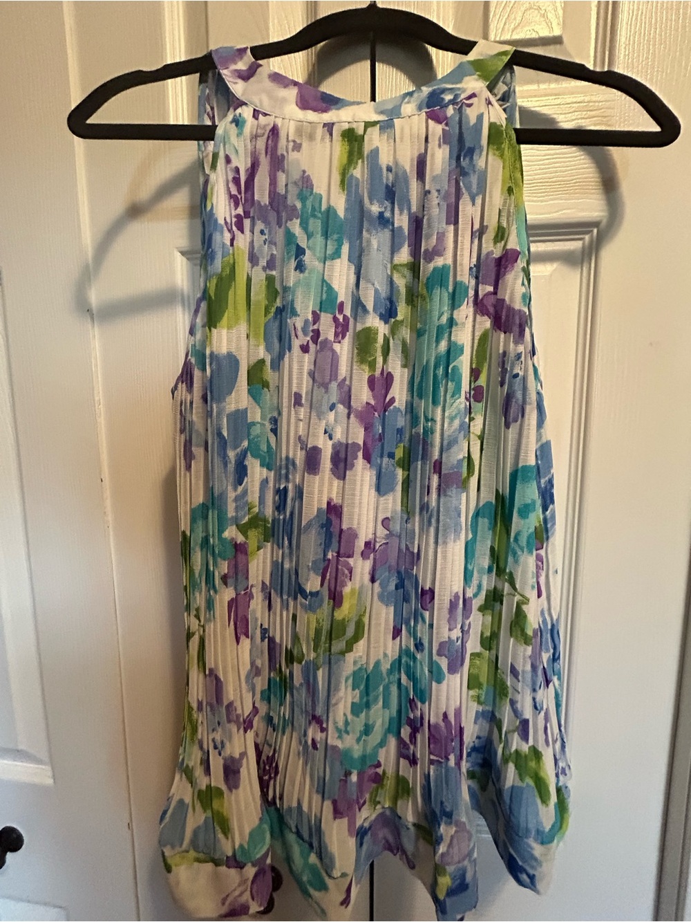 Floral & Ivy Pleated Tank in White with Blue, Purple & Green
